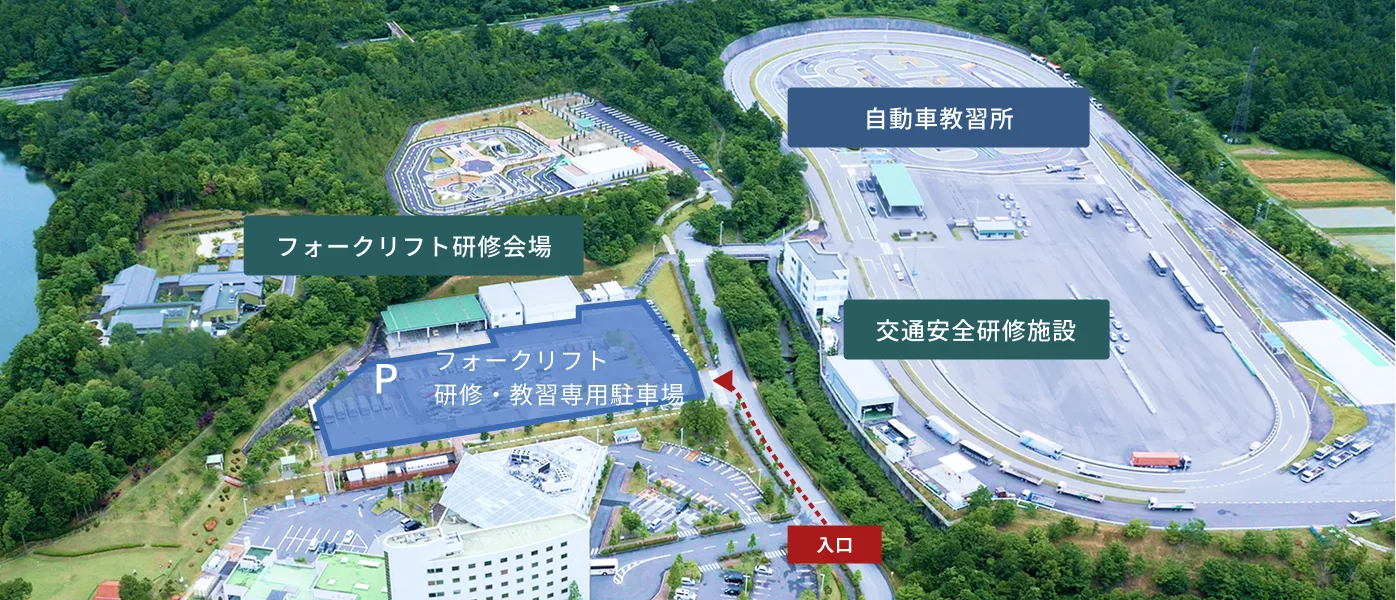 施設全景の鳥瞰マップ。手前中央の『入口』から続く赤い破線矢印の道路を進むと、左手側に青く色付けされた『フォークリフト・教習所 交通安全研修専用駐車場』があり、その奥に『フォークリフト研修会場』が位置します。道路を挟んだ右手側には『交通安全研修施設』と『自動車教習所』の広大なコースが広がっています。