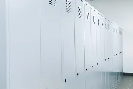 整然と並べられた更衣室のスチールロッカー。