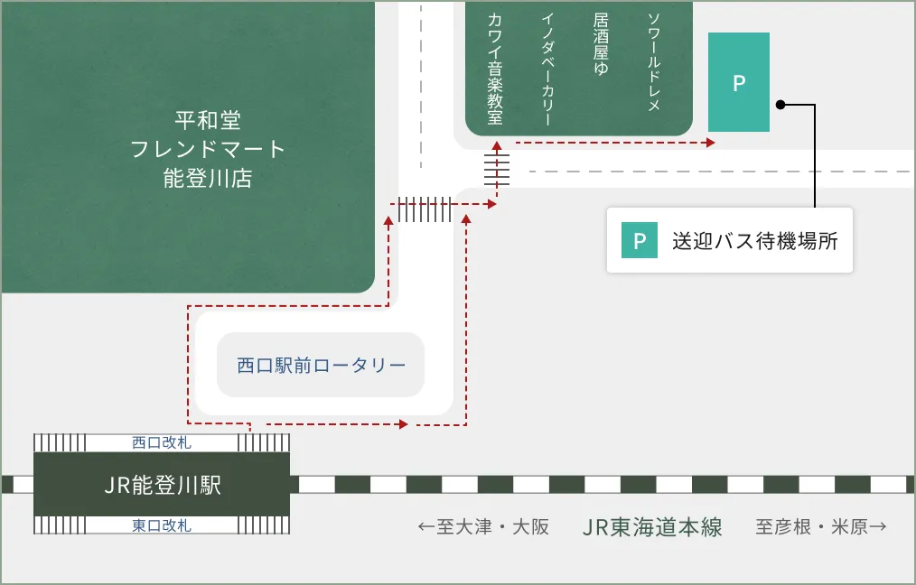 JR能登川駅から送迎バス待機場所までの案内図。JR能登川駅の西口改札を出て、西口駅前ロータリーを通り、平和堂フレンドマート能登川店の建物に沿って進む。途中の横断歩道を渡り、平和堂フレンドマート能登川店の北側にある横断歩道を渡った先に送迎バス待機場所がある。地図上では赤い点線の矢印で駅から送迎バス待機場所までの経路を示している。