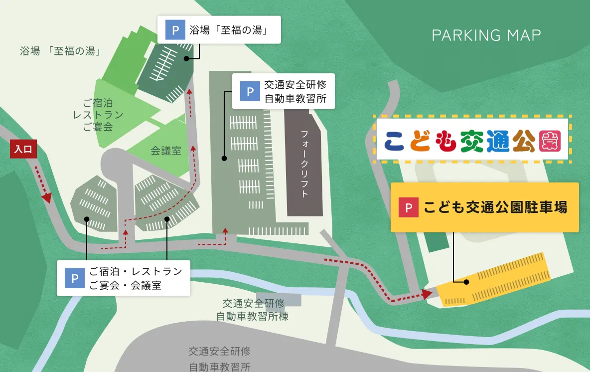 駐車場マップ（PARKING MAP）。左下の「入口」から道路を進むと、各施設と駐車場へアクセスできます。入口から入って左側手前には「ご宿泊・レストラン・ご宴会・会議室」用の駐車場があり、その奥に「宿泊・レストラン・宴会」棟と「会議室」があります。さらに北奥に進むと「浴場 至福の湯」とその専用駐車場があります。入口から直進して右側中央には「交通安全研修 自動車教習所」の駐車場とフォークリフト練習場、南側には「交通安全研修 自動車教習所棟」があります。道路をさらに東（右方向）へ進んだ最奥には「こども交通公園」があり、その南側に「こども交通公園駐車場（黄色のエリア）」が配置されています。